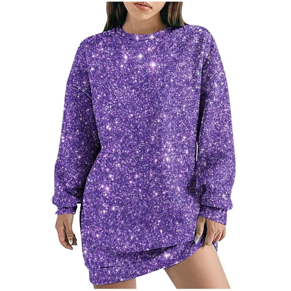 miqiqism Womens Dresses Fall Winter 2024 Casual Sweatshirts Cozy Long Sleeve Sweatshirt Juniors Trendy Printed Pullover Tunic Mini Dress Drop Shoulder Blouses,Purple,Medium