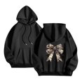 thumbnail image 1 of miqiqism Womens Fall Winter Oversized Hoodies Fleece Sweatshirts Juniors Funny Halloween Bow Graphic Hooded Trendy Long Sleeve Sweaters Pullover with Pocket,Black,Small, 1 of 1