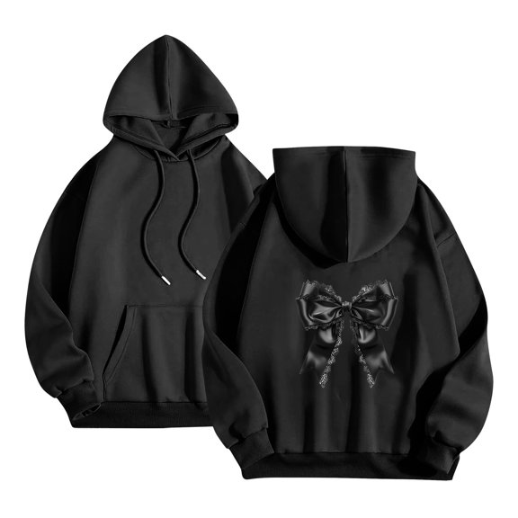 miqiqism Womens Fleece Sweatshirts Hooded Casual Loong Sleeve Bow Tops Trendy Cozy Classic Sweatshirt Fall Winter Outfits,P03_Black,XX-Large