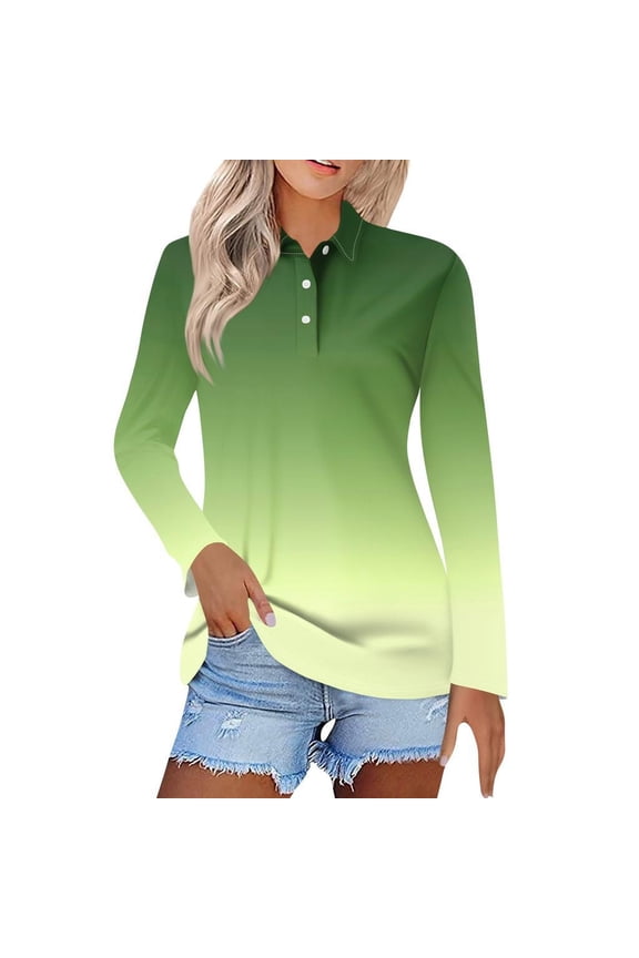 Womens Golf Polo T Shirts Gradient Blouses Lightweight Long Sleeve Shirt Button Polos Tshirt Plus Size Tunic Outfit Basic Collar Cute Tees,01_Green,X-Large