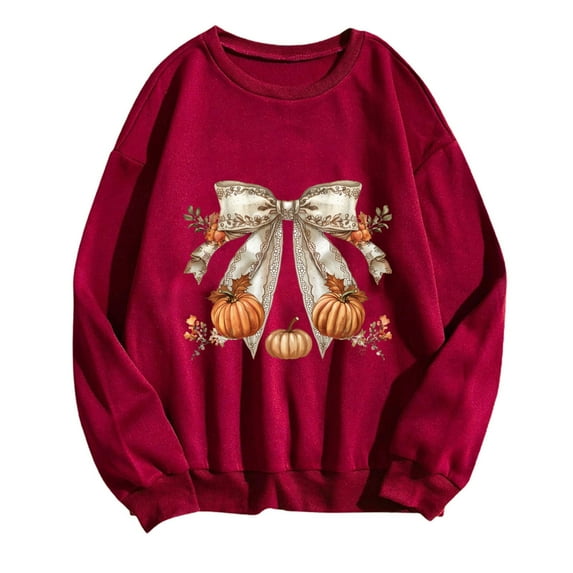 miqiqism Womens Halloween Shirt Trendy Pullover Tops, Lightweight Crew Neck Tunic Sweatshirt Juniors Fashion Cute Pumpkin Printed Outfits Casual Long Sleeves Top,Red,Small