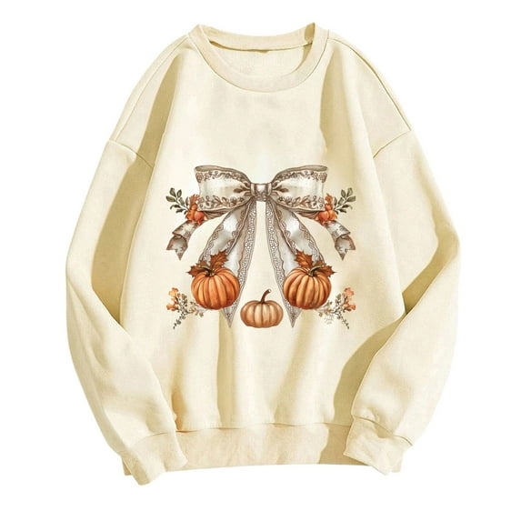 miqiqism Womens Halloween Shirt Trendy Pullover Tops, Lightweight Crew Neck Tunic Sweatshirt Juniors Fashion Cute Pumpkin Printed Outfits Casual Long Sleeves Top,Beige,Large