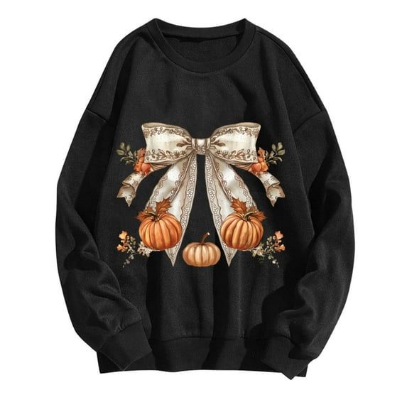 miqiqism Womens Halloween Shirt Trendy Pullover Tops, Lightweight Crew Neck Tunic Sweatshirt Juniors Fashion Cute Pumpkin Printed Outfits Casual Long Sleeves Top,Black,XX-Large