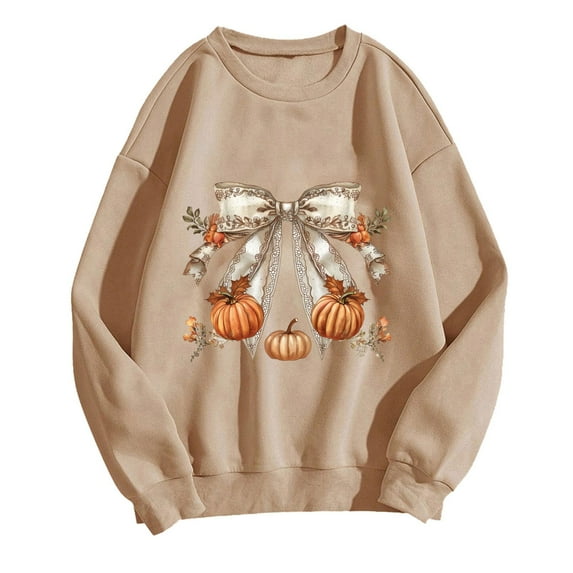 miqiqism Womens Halloween Shirt Trendy Pullover Tops, Lightweight Crew Neck Tunic Sweatshirt Juniors Fashion Cute Pumpkin Printed Outfits Casual Long Sleeves Top,Khaki,X-Large