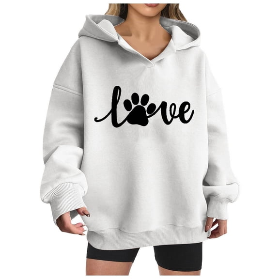 miqiqism Womens Hoodie Trendy Long Sleeve Cute Pattern Hooded Casual Heart Dogs Paw Print Graphic Hoodies Loose Fit Drop Shoulder Clothes,White,Medium
