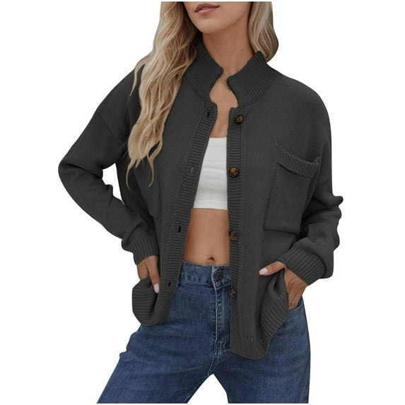 miqiqism Womens Jacket Casual Long Sleeve Solid Color Cardigans Teen Girls Comfy Button Down Open Front Shirts Juniors Dressy Blouses Tops with Pockets,Black,X-Large