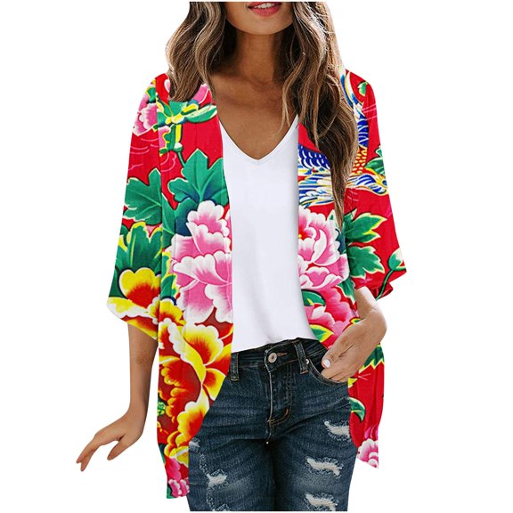 miqiqism Womens Lightweight Cardigan Trendy Cozy Loose fit Dragon Printed Kimono Cover up Lightweight Blouses Juniors Fashion Open Front Pleated Cardigans,R#03_Red,Large