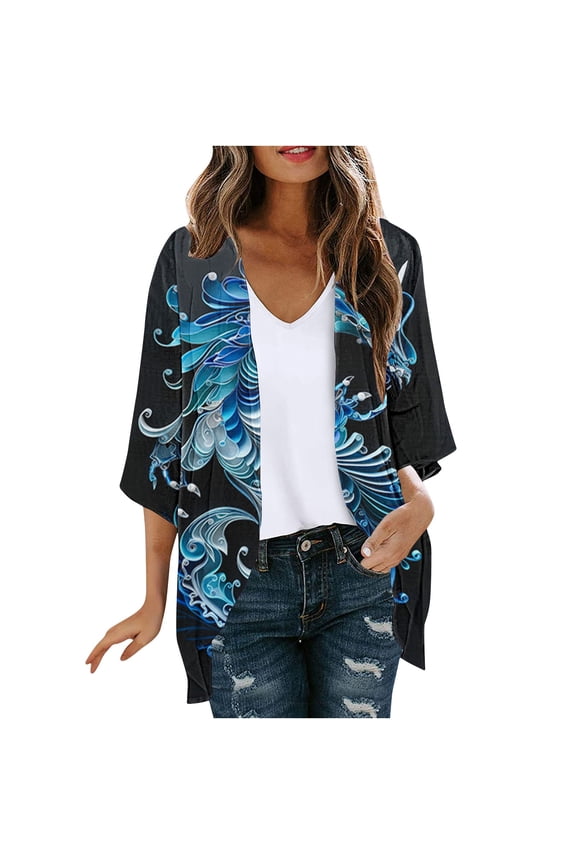Womens Lightweight Cardigan Trendy Cozy Loose fit Dragon Printed Kimono Cover up Lightweight Blouses Juniors Fashion Open Front Pleated Cardigans,Blue,XX-Large
