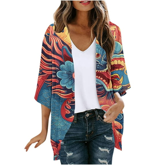 miqiqism Womens Lightweight Cardigan Trendy Cozy Loose fit Dragon Printed Kimono Cover up Lightweight Blouses Juniors Fashion Open Front Pleated Cardigans,R#01_Red,Small