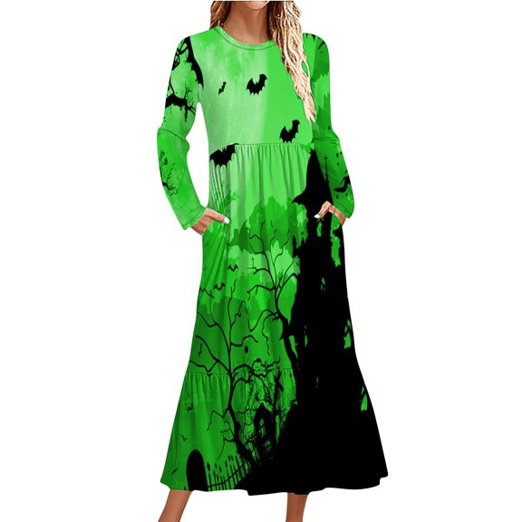miqiqism Womens Long Sleeve Dress Trendy Round Neck Tunic Long Dresses Casual Swing T Shirt Dress with Pockets Vintage Printed Skirts,Green,Medium