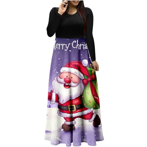 miqiqism Womens Long Sleeve Maxi Dress Trendy Christmas Print Dresses Casual Crewneck Tunic Dress Long High Waist Elastic Beach Dress,Purple,Small