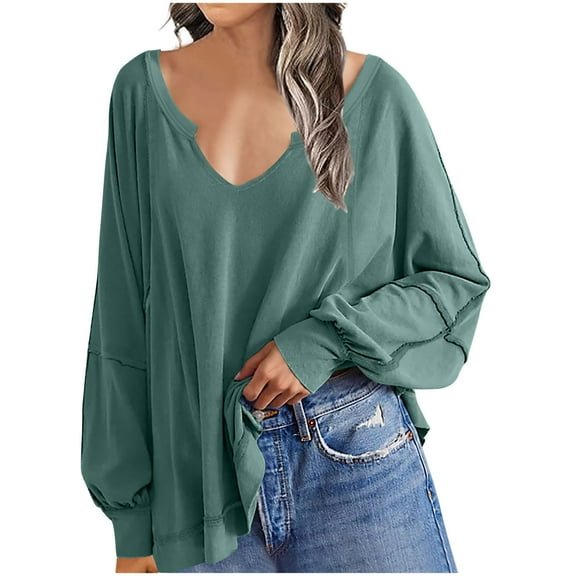 miqiqism Womens Long Sleeve Pullover Tops V Neck Pleated Blouses Teen Girls Loose Fit Puff Sleeves Solid Color Sweather Juniors Dressy Casual Work Shirts,Army Green,Large