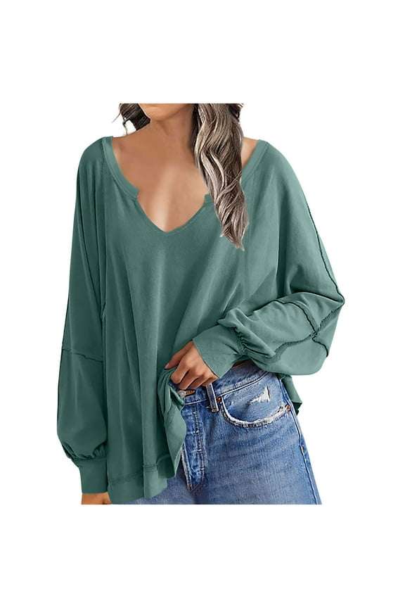 Womens Long Sleeve Pullover Tops V Neck Pleated Blouses Teen Girls Loose Fit Puff Sleeves Solid Color Sweather Juniors Dressy Casual Work Shirts,Army Green,Large