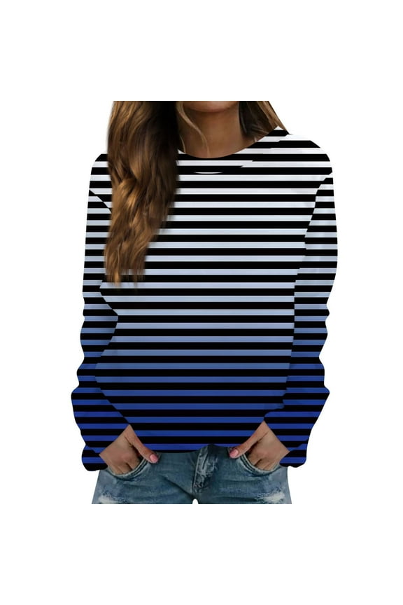 Womens Long Sleeve Tops Juniors Casual Pullover Shirts for Women Striped Gradient Printed T Shirt Crewneck Tunic Tee Casual Slim Fit Blouses,Blue,Large