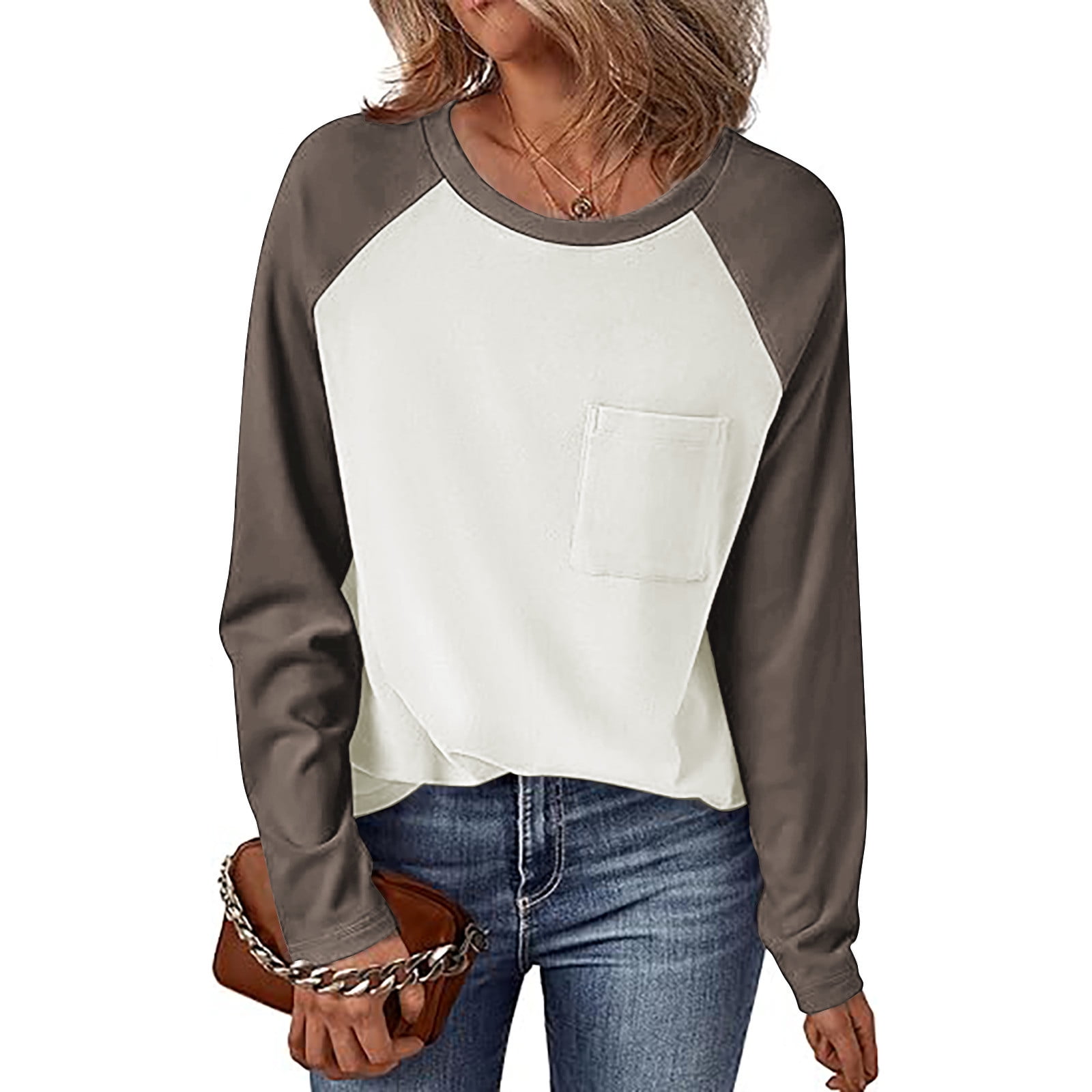 miqiqism Womens Long Sleeve Tshirts Colorblock Basic Shirts Crew Neck
