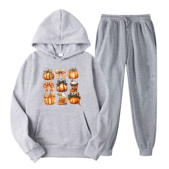 miqiqism Womens Matching Thanksgiving Outfit Casual Bow Pumpkin Sets Pullover Fleece Hoodies Loose Trousers Pants Outfits Sweatshirt 2 Piece Tracksuit with Pockets,G#02_Gray,Large