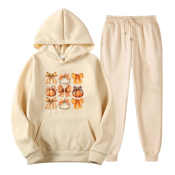 miqiqism Womens Matching Thanksgiving Outfit Casual Bow Pumpkin Sets Pullover Fleece Hoodies Loose Trousers Pants Outfits Sweatshirt 2 Piece Tracksuit with Pockets,B#01_Beige,Medium
