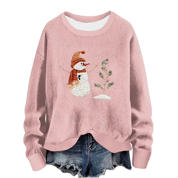 miqiqism Womens Merry Christmas Snowman Sweater Lady Funny Christmas Tree Graphic Pullover Sweaters Casual Crew Neck Long Sleeves Blouse Loungewear Tops,Pink,3X-Large