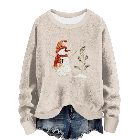 miqiqism Womens Merry Christmas Snowman Sweater Lady Funny Christmas Tree Graphic Pullover Sweaters Casual Crew Neck Long Sleeves Blouse Loungewear Tops,Beige,X-Large