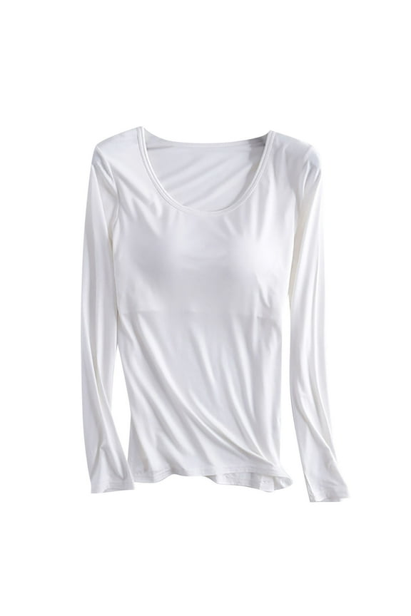 Womens Modal Long Sleeve T Shirt with Cup Chest Pads Juniors Comfy Crew Neck Solid Color Basic Tops Blouse Shirts Slim Fit Tunic Clothes,Beige,Medium