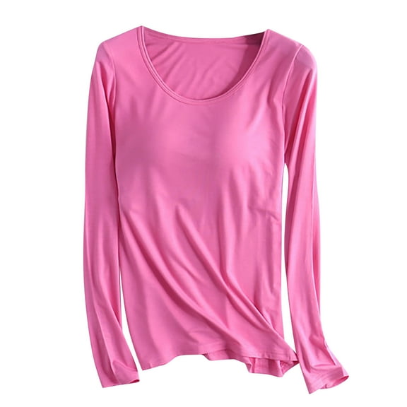 miqiqism Womens Modal Long Sleeve T Shirt with Cup Chest Pads Juniors Comfy Crew Neck Solid Color Basic Tops Blouse Shirts Slim Fit Tunic Clothes,Hot Pink,X-Large