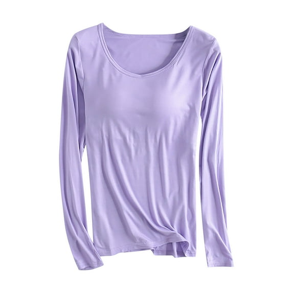 miqiqism Womens Modal Long Sleeve T Shirt with Cup Chest Pads Juniors Comfy Crew Neck Solid Color Basic Tops Blouse Shirts Slim Fit Tunic Clothes,Purple,Medium
