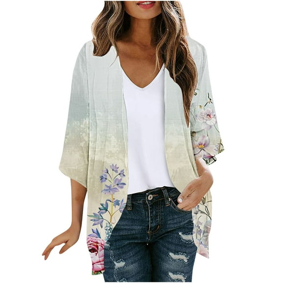 miqiqism Womens Open Front Cardigan 3/4 Ruffle Sleeve Cardigan Casual Duster Cardigans Lightweight Floral Printed Blouse Tops Coat Retro Print Jackets,Yellow,Medium
