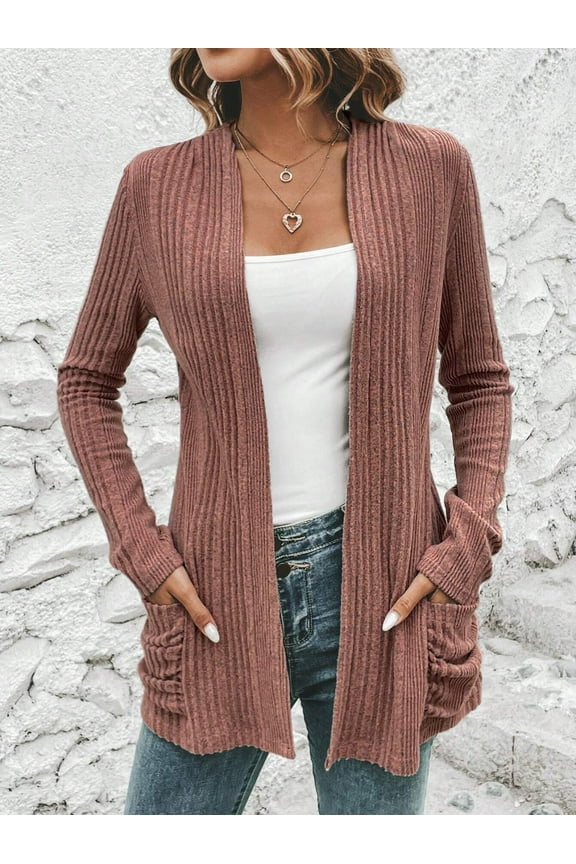 Womens Open Front Sweater Teen Girls Long Basic Cozy Cardigan Juniors Long Sleeve Loose Cable Knit Chunky Fall Blouses Casual Coat with Pockets,Pink,Small