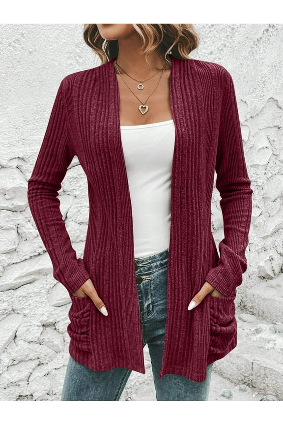 Womens Open Front Sweater Teen Girls Long Basic Cozy Cardigan Juniors Long Sleeve Loose Cable Knit Chunky Fall Blouses Casual Coat with Pockets,Red,Medium