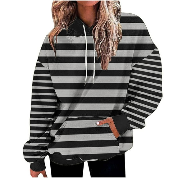 miqiqism Oversized Striped Sweatshirt for Women Color Block Hoodies Juniors Casual Pullover Tunic Top Long Sleeve Y2K Clothes with Pockets,Gray,Medium