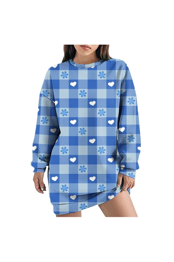 Womens Plaid Printed Sweatshirts Dress Comfy Crew Neck Long Sleeve Pullover Tops Dresses Casual Loose Drop Shoulder Tunic Sweatshirt with Pockets,Blue,Medium