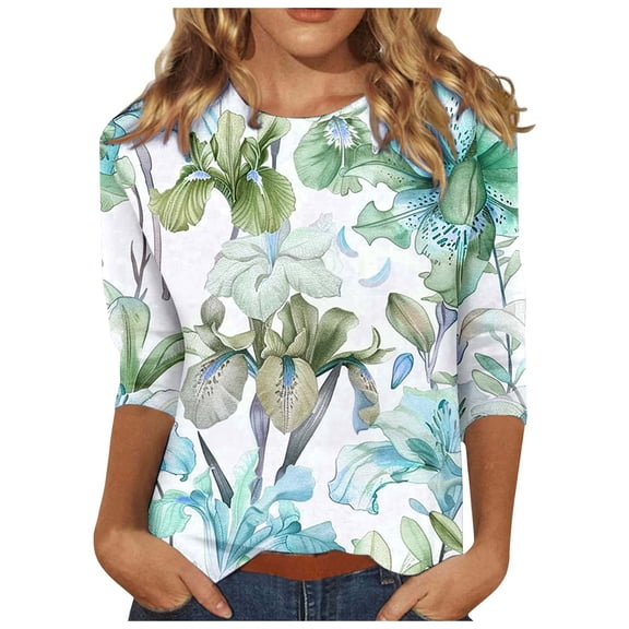 miqiqism Womens Pullover Shirts Dressy Casual Blouses Women's Fashion Casual Round Neck Tee Juniors Three Quarter Sleeve Printed Slim Fit T-Shirt Top,Green,XX-Large