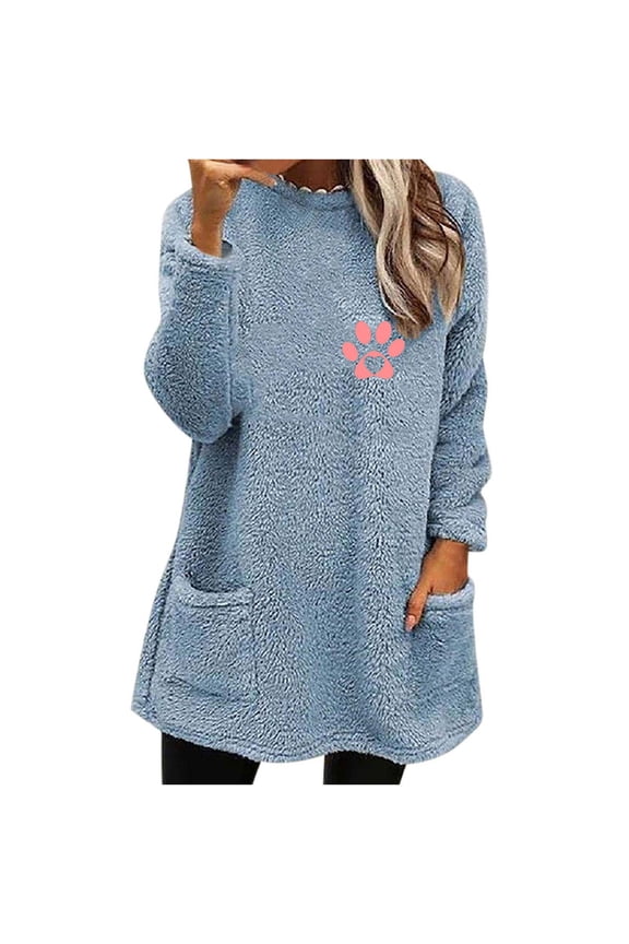 Women's Long Sleeves Sweater Trendy Round Neck Solid Sweatshirts Juniors Fluffy Fuzzy Oversized Tunic Blouses Casual Pullover Loungewear Tops,Blue,Large