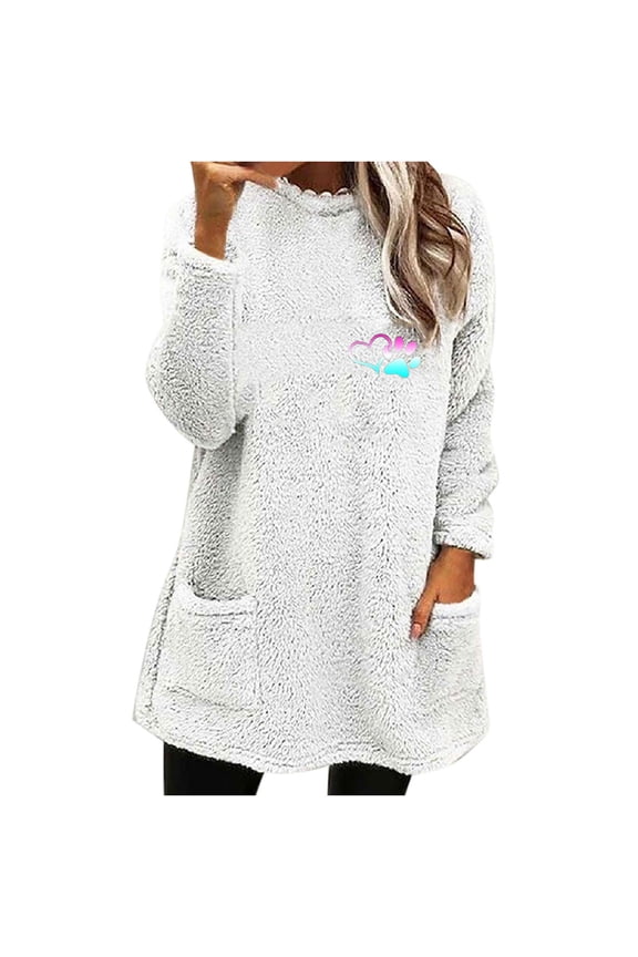 Womens Round Neck Fleece Sweatshirt Tops Comfy Furry Warm Loungewear Blouses Juniors Fuzzy Sweatshirts with Pocket Teen Girls Jackets for Women,White,Large