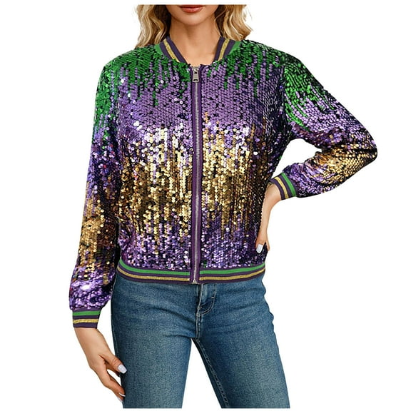 miqiqism Womens Sequin Jacket Casual Comfy Long Sleeves Cardigan Teen Girls Open Front Zipper Party Bomber Blazer Cardigans Trendy Striped Sparkly Tops,Green,XX-Large