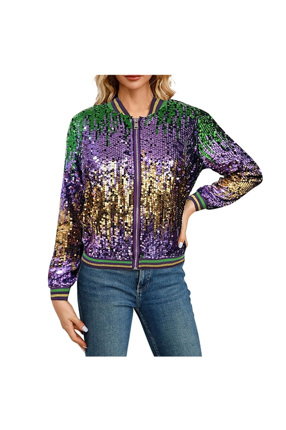 Womens Sequin Jacket Casual Comfy Long Sleeves Cardigan Teen Girls Open Front Zipper Party Bomber Blazer Cardigans Trendy Striped Sparkly Tops,Green,XX-Large