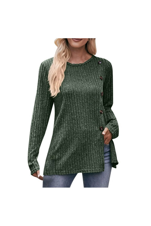 Womens Side Slit Button Sweater Tops Casual Long Sleeves Knitwear Soft Crewneck Pullover Top Trendy Loose Solid Jumper Sweaters Clothing,Army Green,X-Large