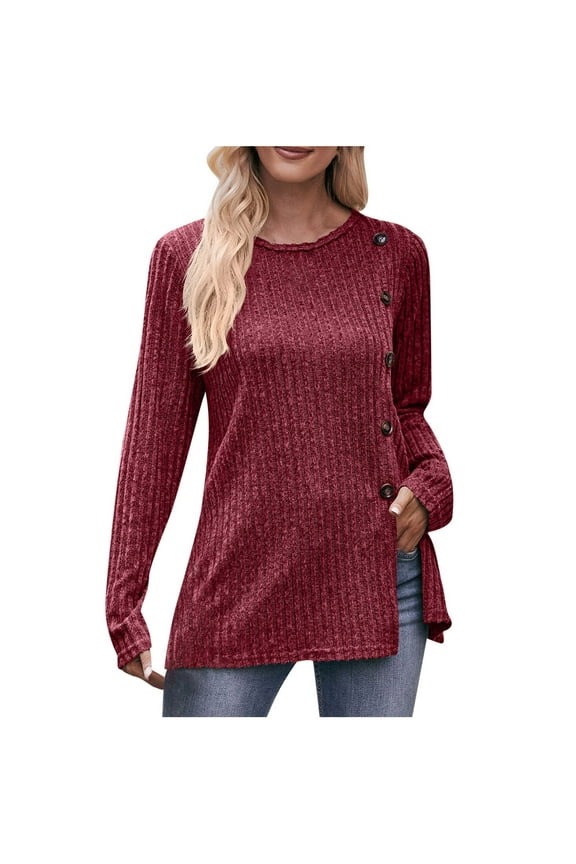 Womens Side Slit Button Sweater Tops Casual Long Sleeves Knitwear Soft Crewneck Pullover Top Trendy Loose Solid Jumper Sweaters Clothing,Wine,Large