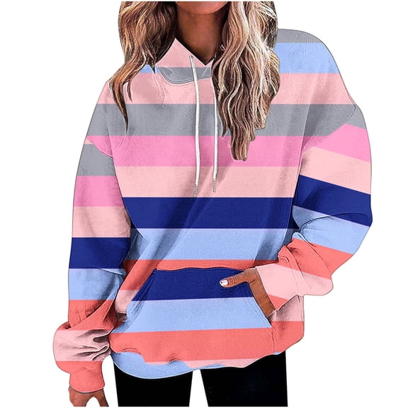 miqiqism Womens Striped Oversized Sweatshirts Juniors Long Sleeve Color Block Hoodies Trendy Pullover Top Y2K Clothes with Pocket Casual Drop Shoulder Blouses,Navy,X-Large