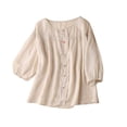thumbnail image 1 of miqiqism Womens Summer Cotton Linen Tshirts Cozy Half Sleeves Shirt Trendy Crewneck Loose Fit Solid Button Down Blouses Casual Basic Pullover Thin Tee Tops,Beige,Medium, 1 of 5