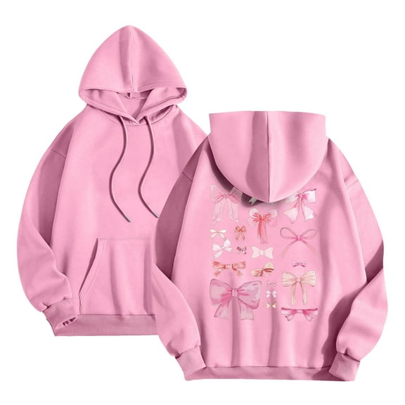 miqiqism Womens Sweatshirt Trendy Pink Graphic Print Puff Hoodie Juniors Casual Long Sleeve Pullover Tops Teen Girls Y2K Fall Drawstring Pullover Outfits with Pockets,Pink,XX-Large