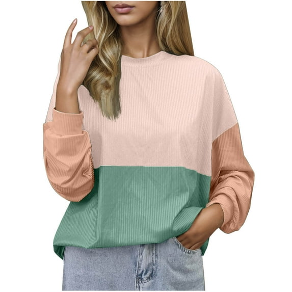 miqiqism Womens Sweatshirts Trendy Color Block Loose Sweatshirt Juniors Casual Drop Shoulder Pullover Blouses Teen Girls Crew Neck Long Sleeves Clothing,Beige,X-Large