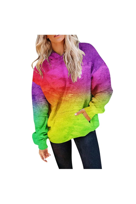 Womens Tie Dye Gradient Hooded Juniors Comfy Crewneck Pullover Sweatshirt Lightweight Sweatshirts Casual Loose Trendy Puff Sleeves Long Sleeve Tunic Tops,Multicolor#01,Medium
