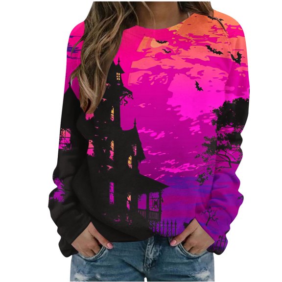 miqiqism Womens Tops Trendy Long Length Sleeve Sweatshirts Comfy Crewneck Pullover Blouses Casual Funny Shirts Ghost Bat Witch Printed Tops Slim Fit Tunic Clothes,P#05_Purple,Small