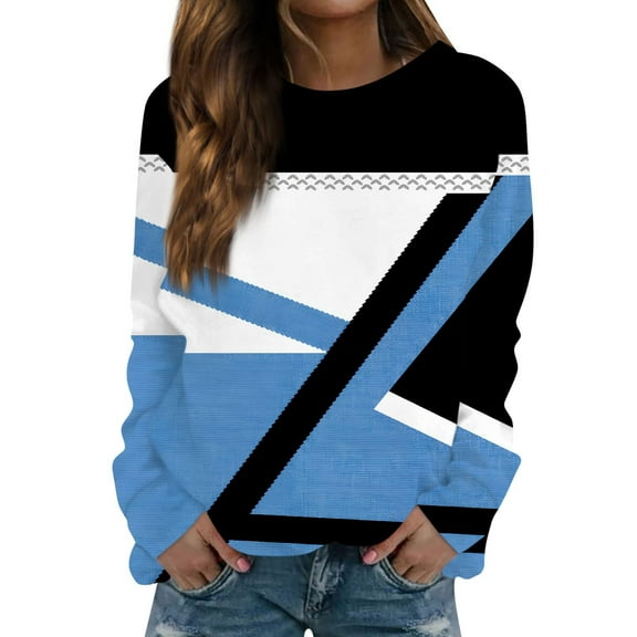 miqiqism Womens Tops Trendy Long Sleeve Colorblock Tshirts Juniors Casual Crew Neck Blouse Teen Girls Comfy Slim Fit Tunic Blouses 2024 Pullover Sweatshirts,Blue,Small