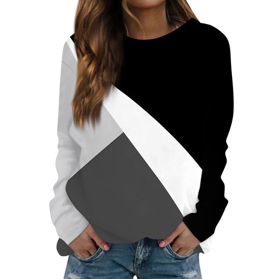 miqiqism Womens Tops Trendy Long Sleeve Colorblock Tshirts Juniors Casual Crew Neck Blouse Teen Girls Comfy Slim Fit Tunic Blouses 2024 Pullover Sweatshirts,Black,Large