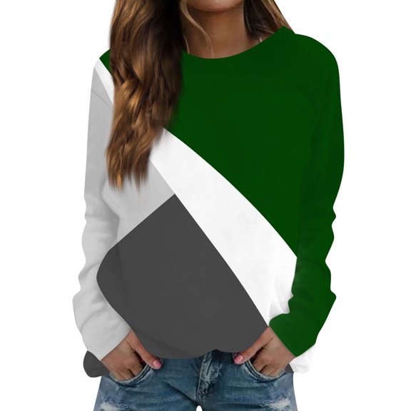 miqiqism Womens Tops Trendy Long Sleeve Colorblock Tshirts Juniors Casual Crew Neck Blouse Teen Girls Comfy Slim Fit Tunic Blouses 2024 Pullover Sweatshirts,Green,Small