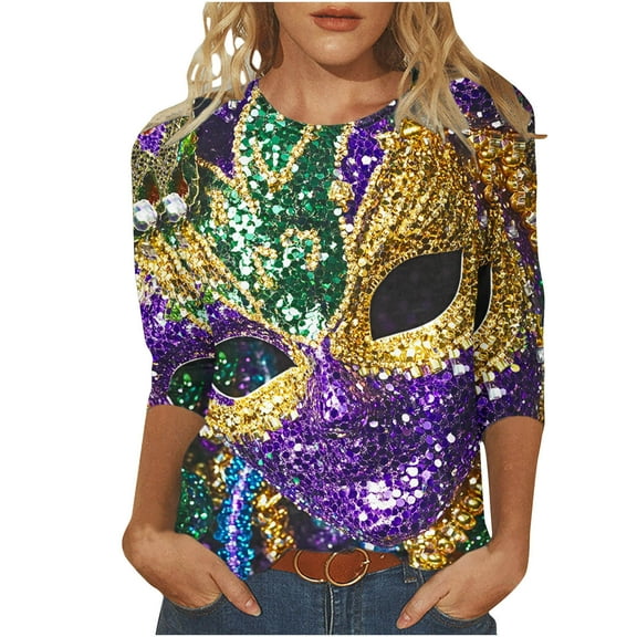 miqiqism Womens Tshit for Mardi Gras Funny Mask Printed Tops Round Neck Loose Blouses Three-quarter Sleeves Pullovers 2025 Carnival Theme Costume,03 Purple,XX-Large