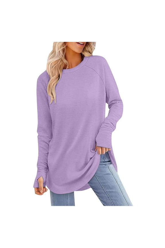 Womens Tunic Shirt for Leggings Long Sleeve Tops for Women Thumb Hole Athletic Shirts Crew Neck Blouses Loose Round Hem Outfit,01_Purple,X-Large
