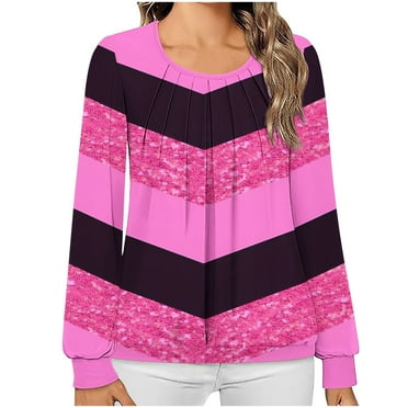 miqiqism Womens Tunic Tops Juniors Loose Fit Long Sleeve Pleated Shirts Comfy Crewneck Tops Casual Colorblock Striped Printed Pullover Blouses,Hot Pink,Large